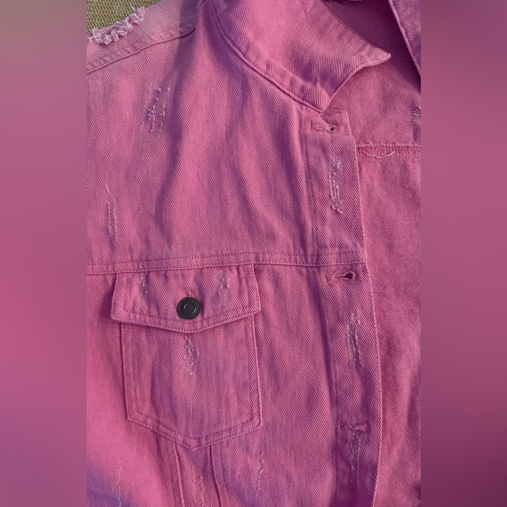 Womens Pink Denim Jacket Distressed Cropped Button Front Size L - Picture 5 of 9